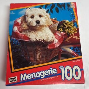 Vtg 1993 RoseArt Menagerie Jigsaw Puzzle 100 Hitching A Ride White Puppy Dog